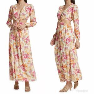 REVOLVE WAYF Linda Cut-Out Dress Long Sleeve Floral V-Neck Maxi Dress Size XS